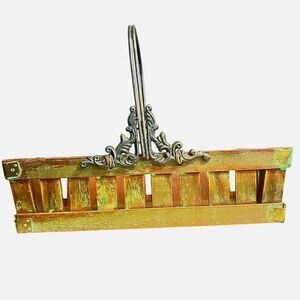 Rustic Wooden‎ Slat Basket Wrought Iron Handle Brass Corners FarmhouseCore Cabin
